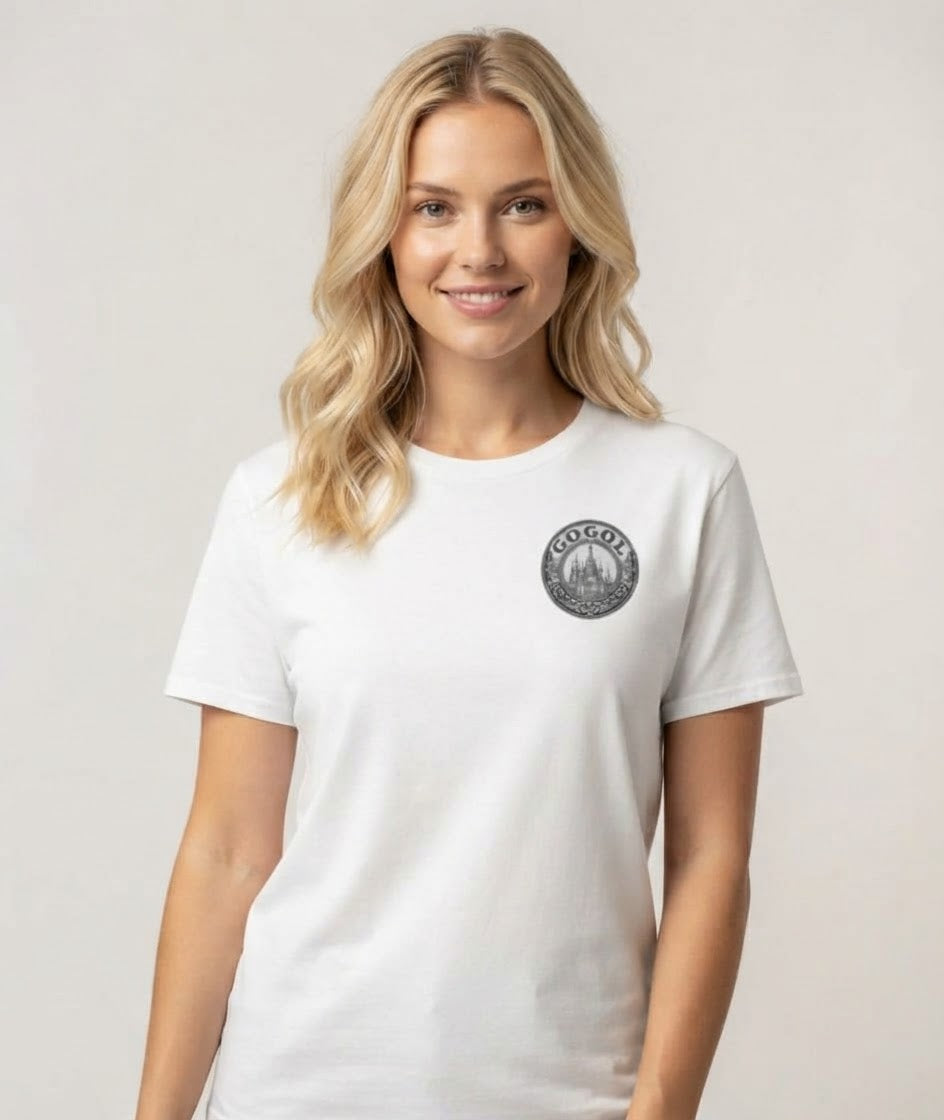 Woman wearing a white classic unisex t-shirt with a small Gogol cathedral seal on the chest — Earthwear Studio