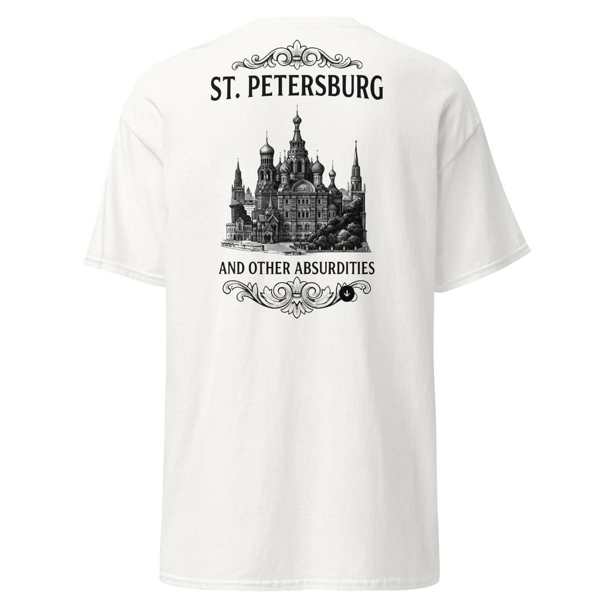 White classic unisex t-shirt, back print: engraved cathedral illustration with the text St. Petersburg and Other Absurdities — Gogol, Earthwear Studio
