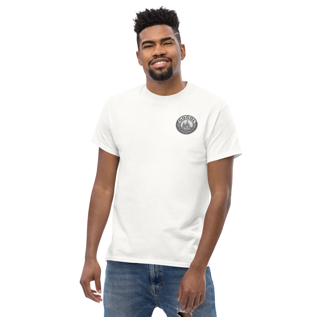 Man wearing a white classic unisex t-shirt with a small Gogol cathedral seal on the chest — Earthwear Studio