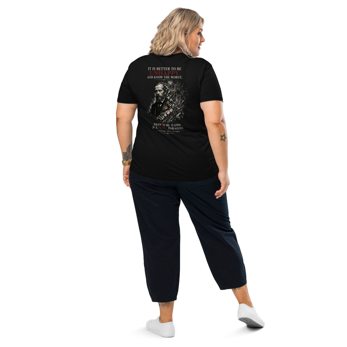 Dostoevsky 'Better to Be Unhappy' organic cotton t-shirt, Black, back view — Earthwear Studio