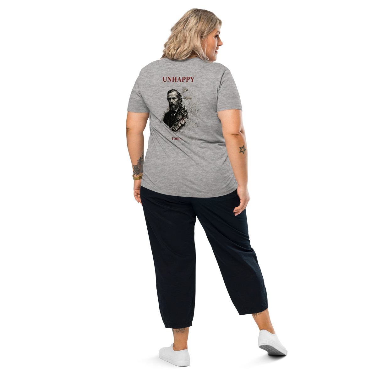 Dostoevsky 'Better to Be Unhappy' organic cotton t-shirt, Heather Grey, back view — Earthwear Studio