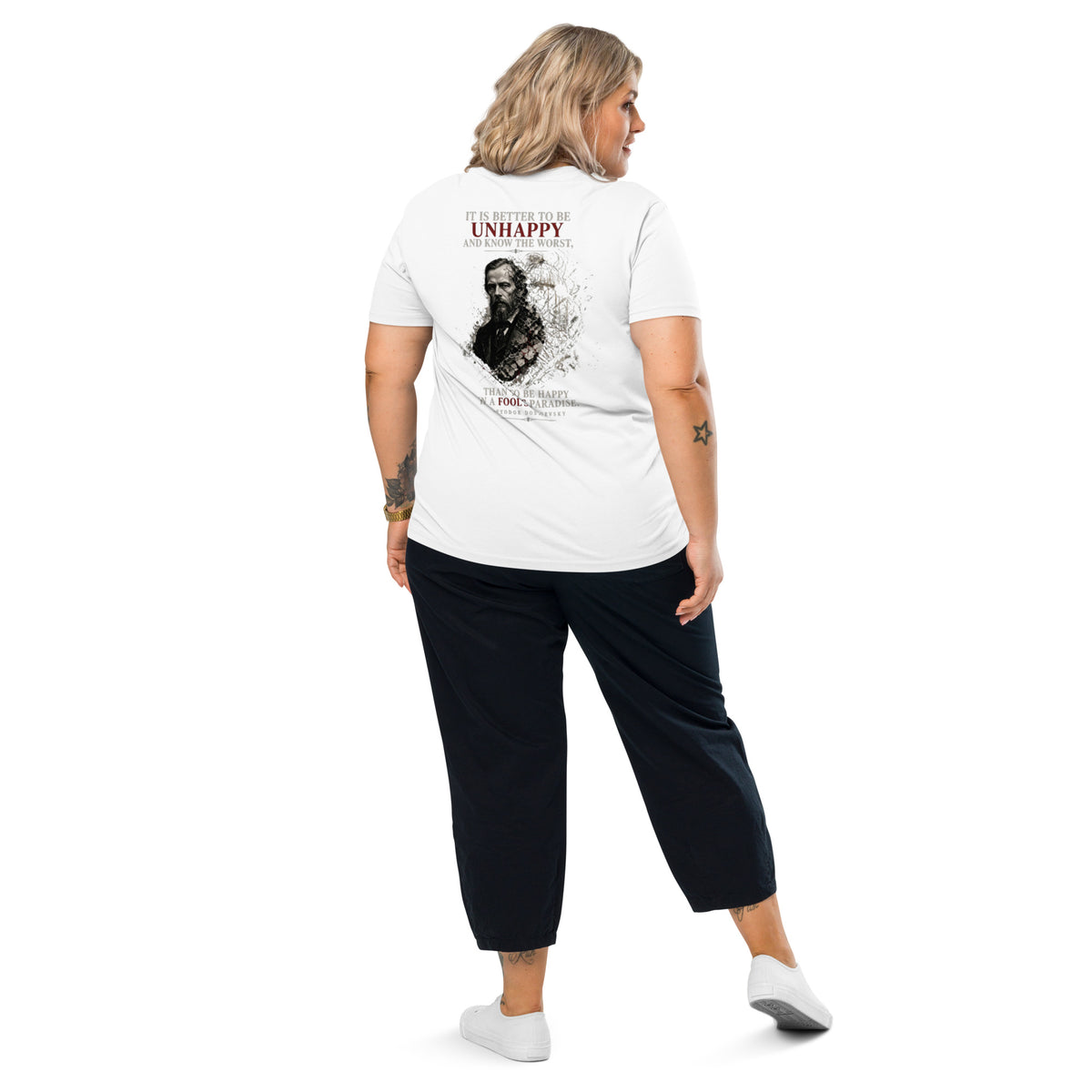 Dostoevsky 'Better to Be Unhappy' organic cotton t-shirt, White, back view — Earthwear Studio