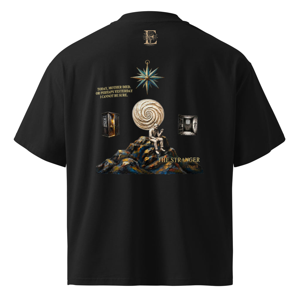 Camus The Stranger oversized t-shirt, Black, back view — Earthwear Studio