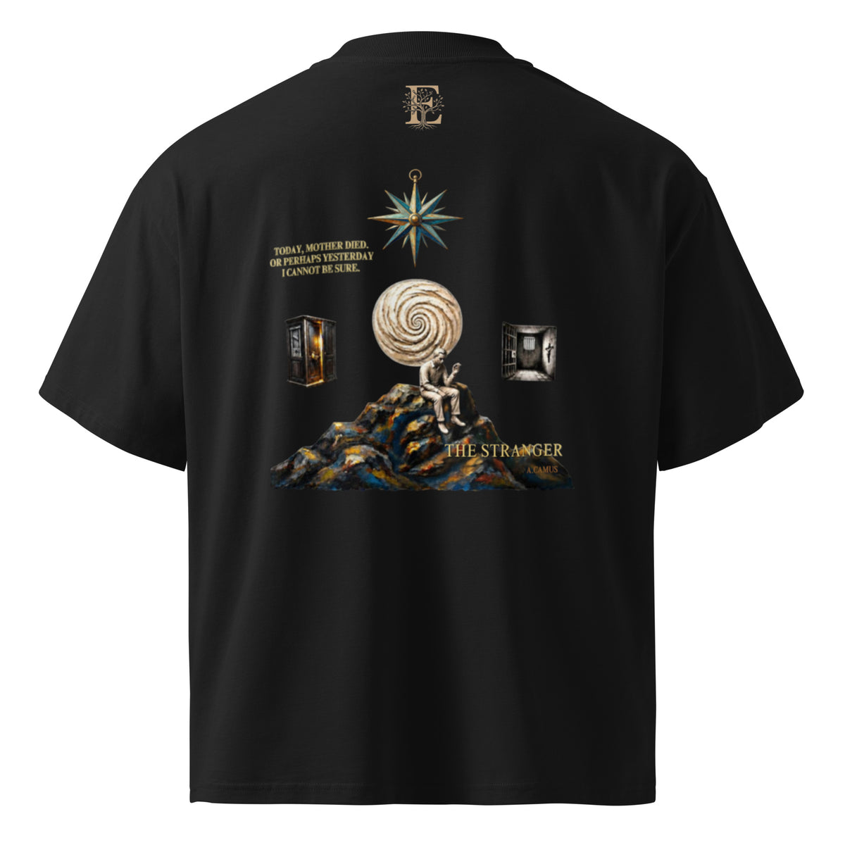 Camus The Stranger oversized t-shirt, Black, back view — Earthwear Studio