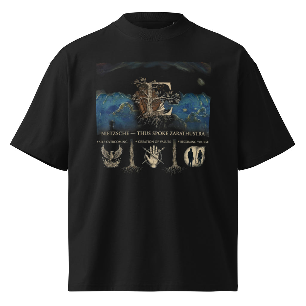Black oversized organic t-shirt, front view — Nietzsche, Thus Spoke Zarathustra: Self-Overcoming, Creation of Values, Becoming Yourself