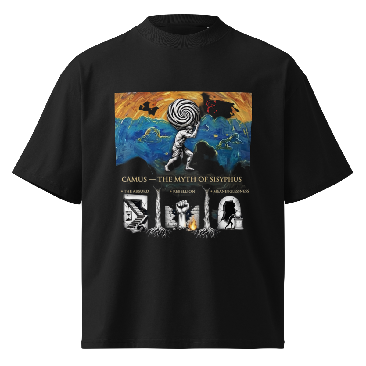 Albert Camus The Myth of Sisyphus oversized black t-shirt, front print