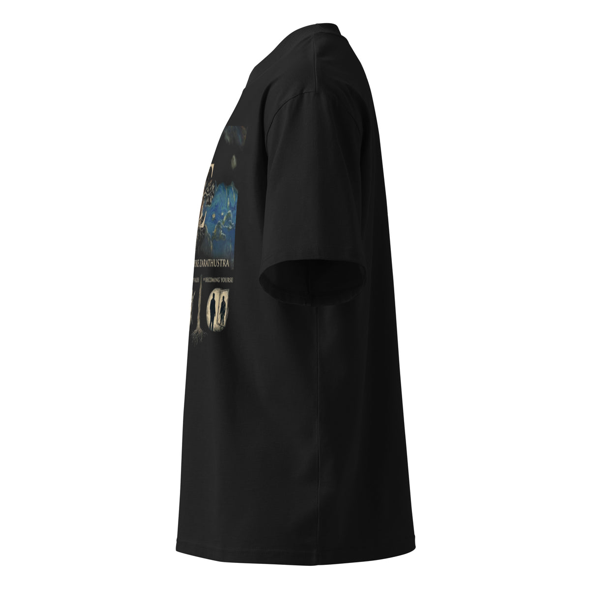 Black oversized organic t-shirt, left side — Nietzsche, Thus Spoke Zarathustra
