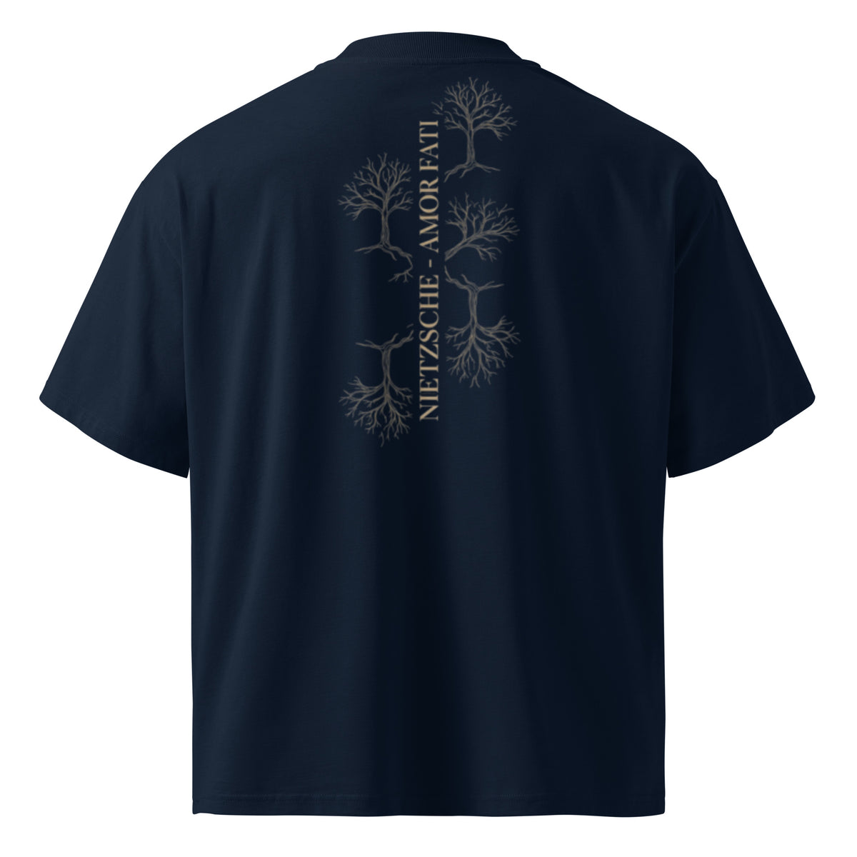 Nietzsche Amor Fati oversized t-shirt, French Navy, back view — Earthwear Studio