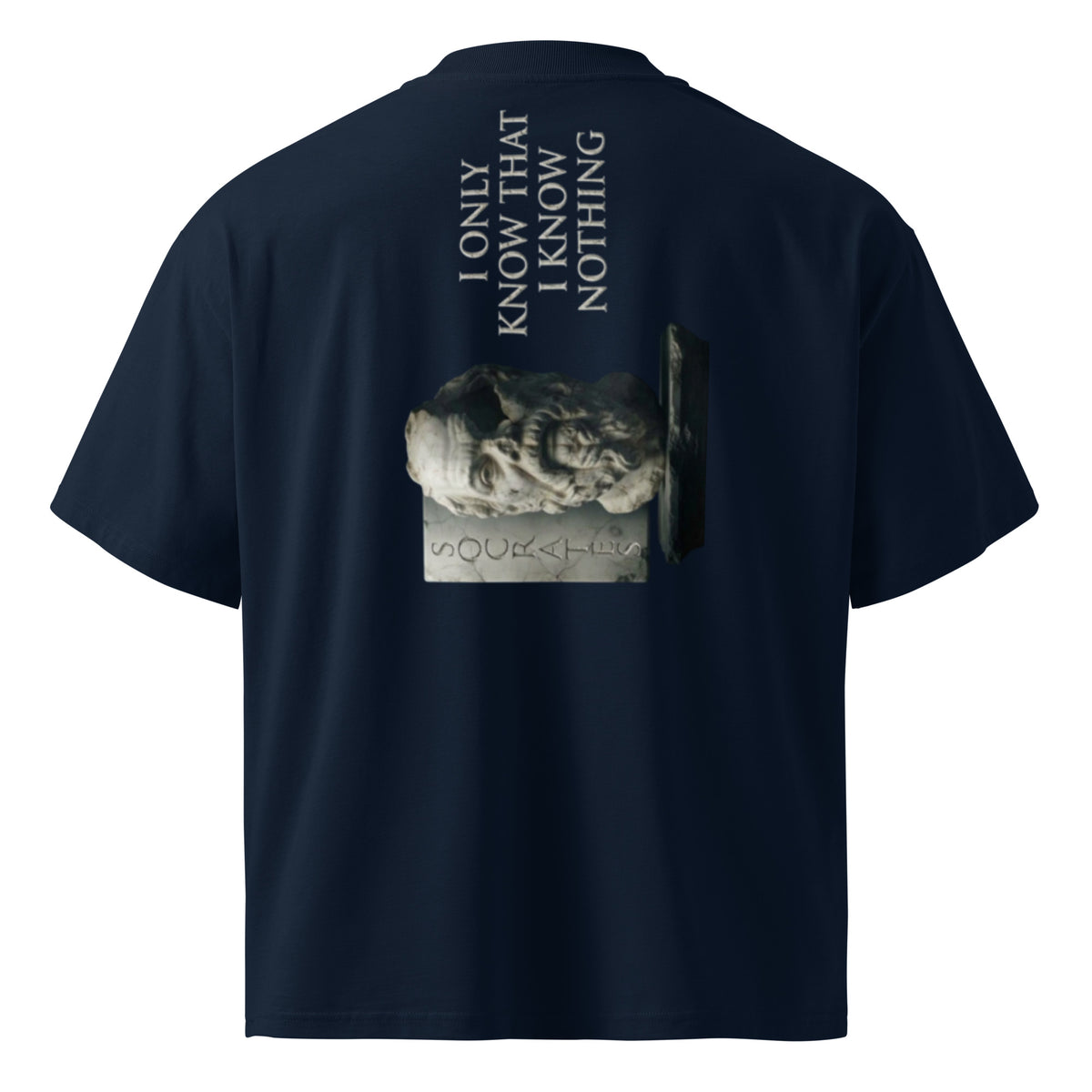 Socrates 'I know nothing' oversized t-shirt, French Navy, back view — Earthwear Studio