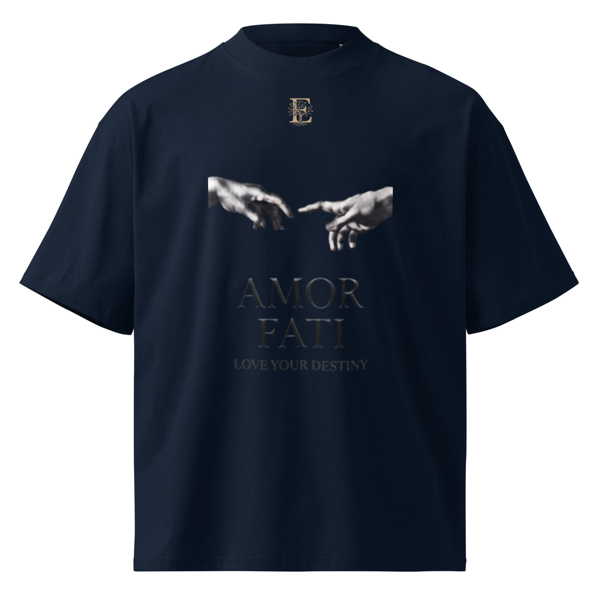 Nietzsche Amor Fati oversized t-shirt, French Navy, front view — Earthwear Studio