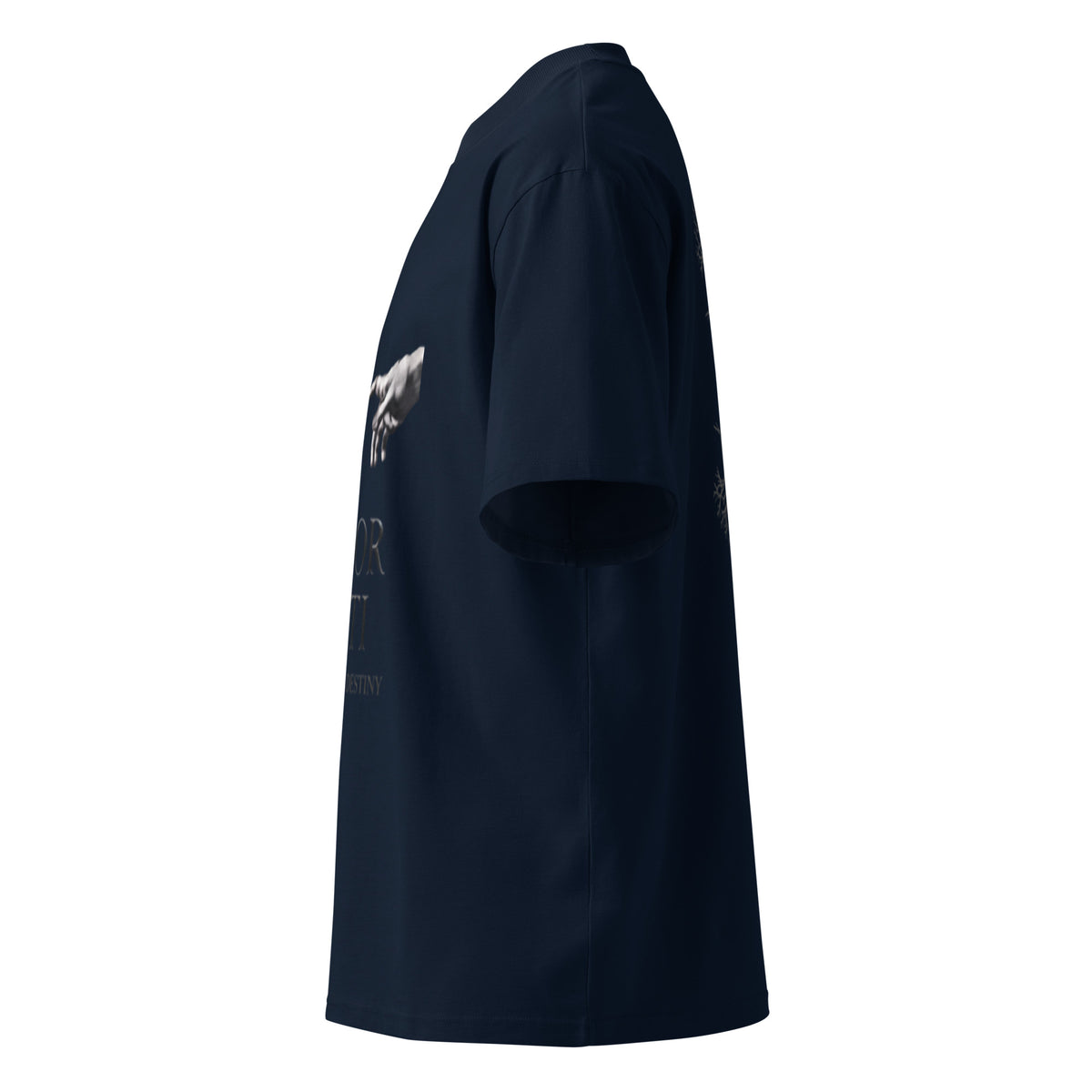Nietzsche Amor Fati oversized t-shirt, French Navy, left side view — Earthwear Studio