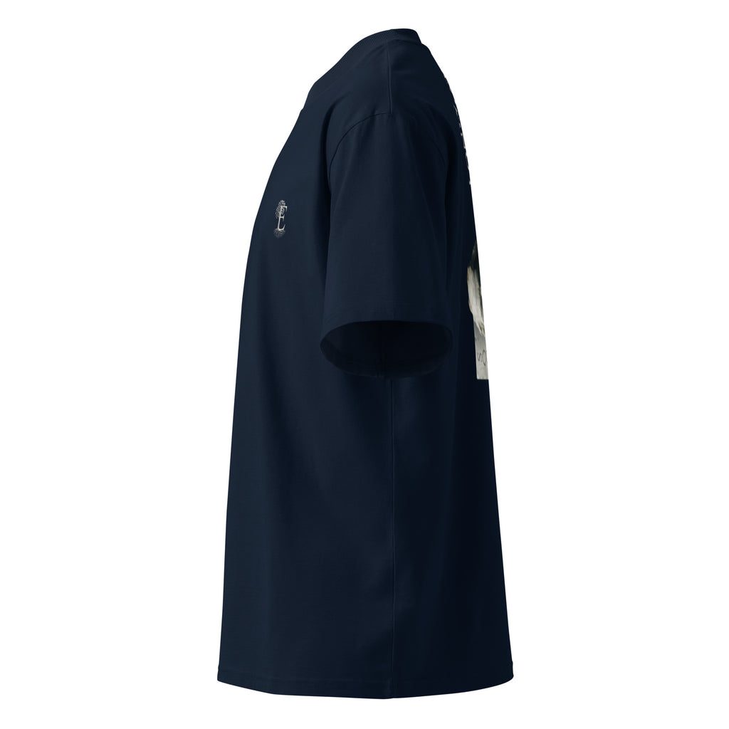 Socrates 'I know nothing' oversized t-shirt, French Navy, left side view — Earthwear Studio