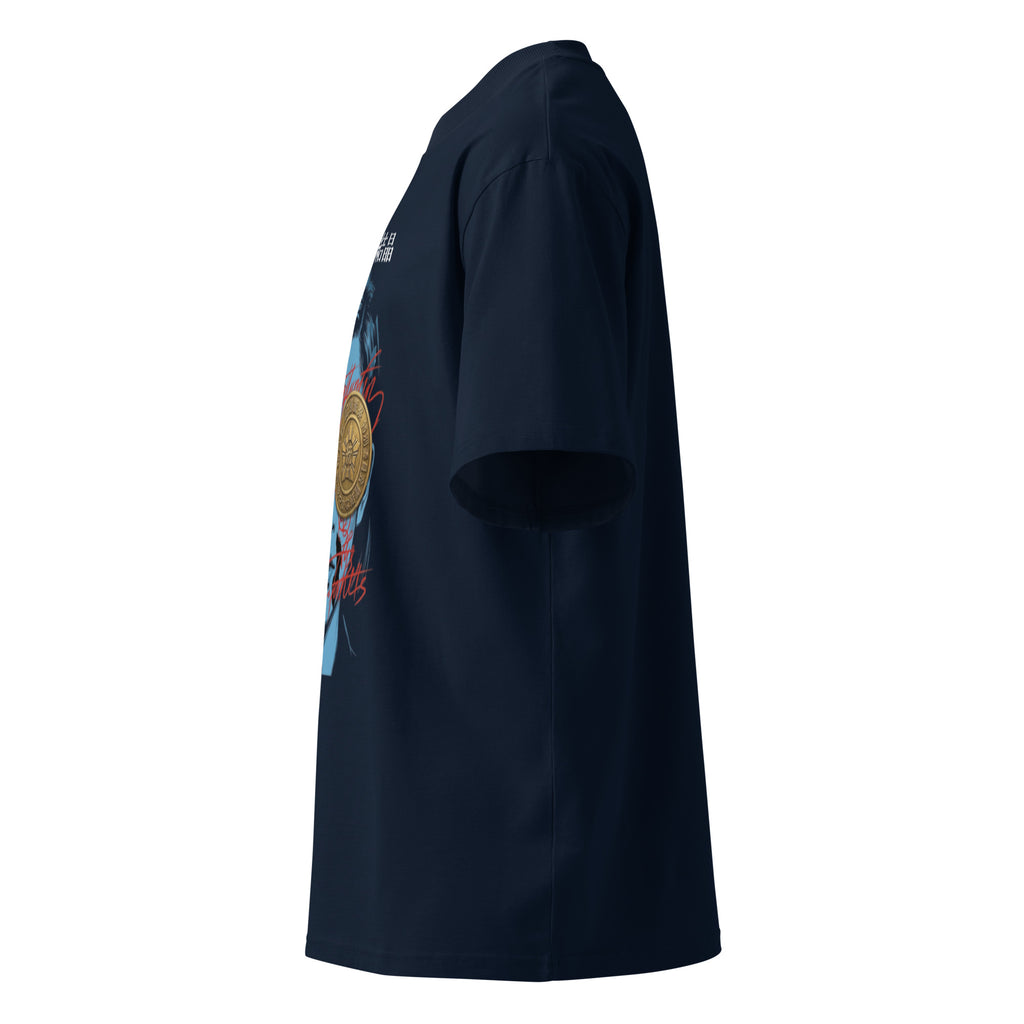 Yoko Ogawa Memory Police seal tee, French Navy, left side — Earthwear Studio