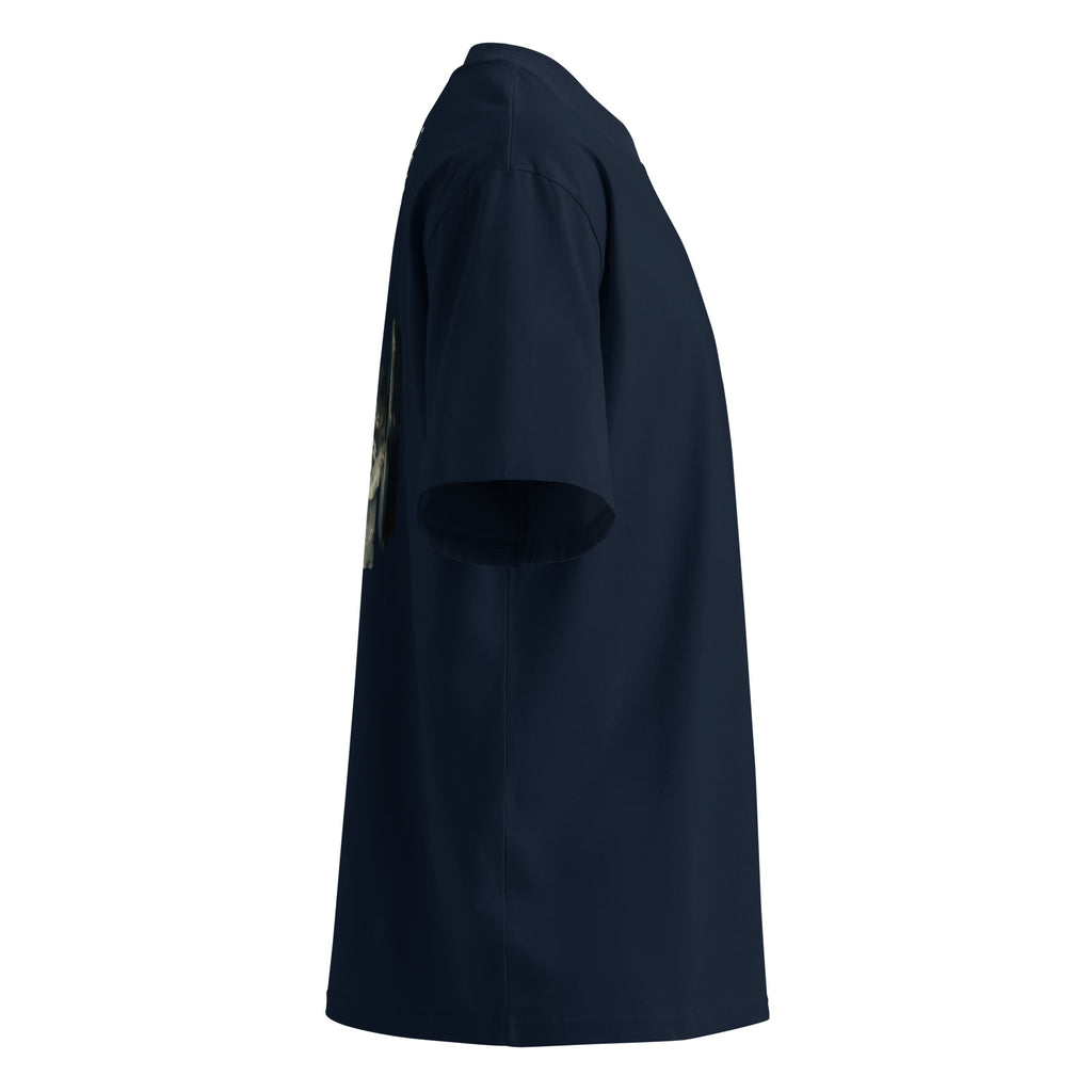 Socrates 'I know nothing' oversized t-shirt, French Navy, right side view — Earthwear Studio