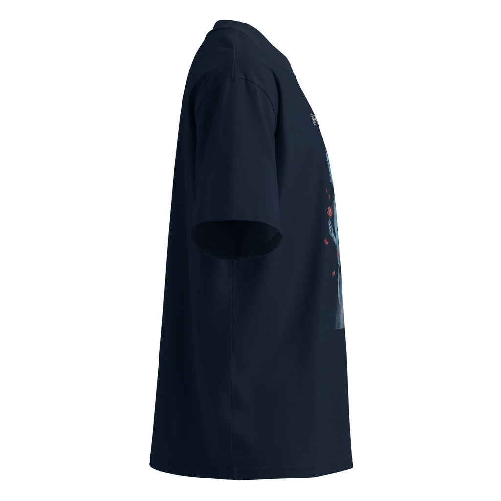 Yoko Ogawa The Memory Police oversized t-shirt, French Navy, right side view — Earthwear Studio