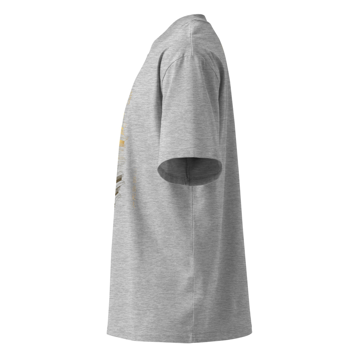 Mishima Golden Pavilion tee, Heather Grey, left side — Earthwear Studio