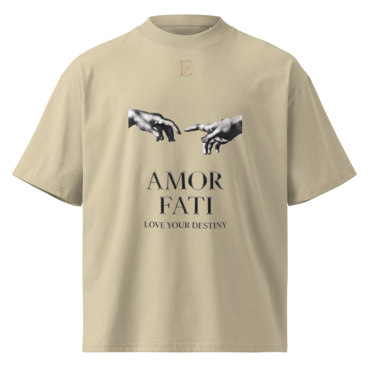 Nietzsche Amor Fati oversized t-shirt, Stone, front view — Earthwear Studio