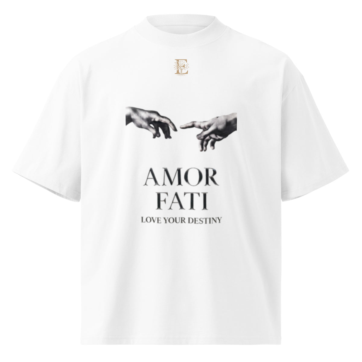 Nietzsche Amor Fati oversized t-shirt, White, front view — Earthwear Studio
