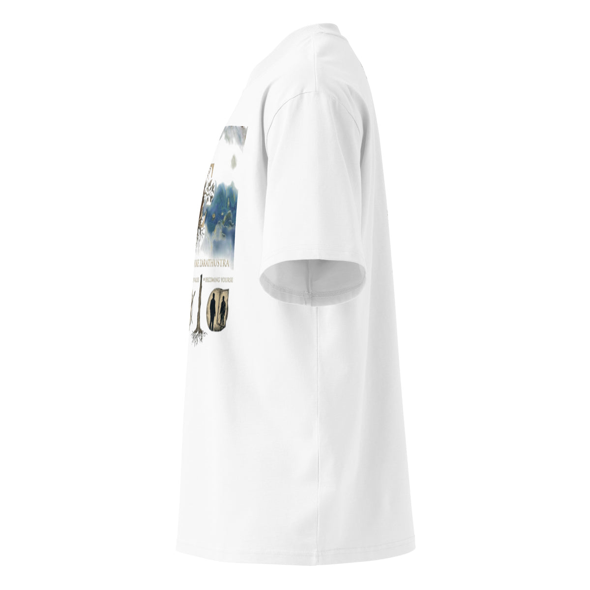 White oversized organic t-shirt, left side — Nietzsche, Thus Spoke Zarathustra