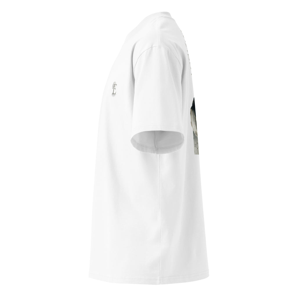 Socrates 'I know nothing' oversized t-shirt, White, left side view — Earthwear Studio