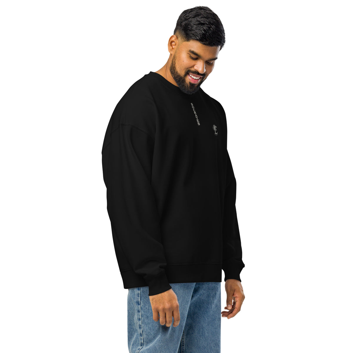 Socrates 'I know nothing' oversized sweatshirt, Black, right front view — Earthwear Studio