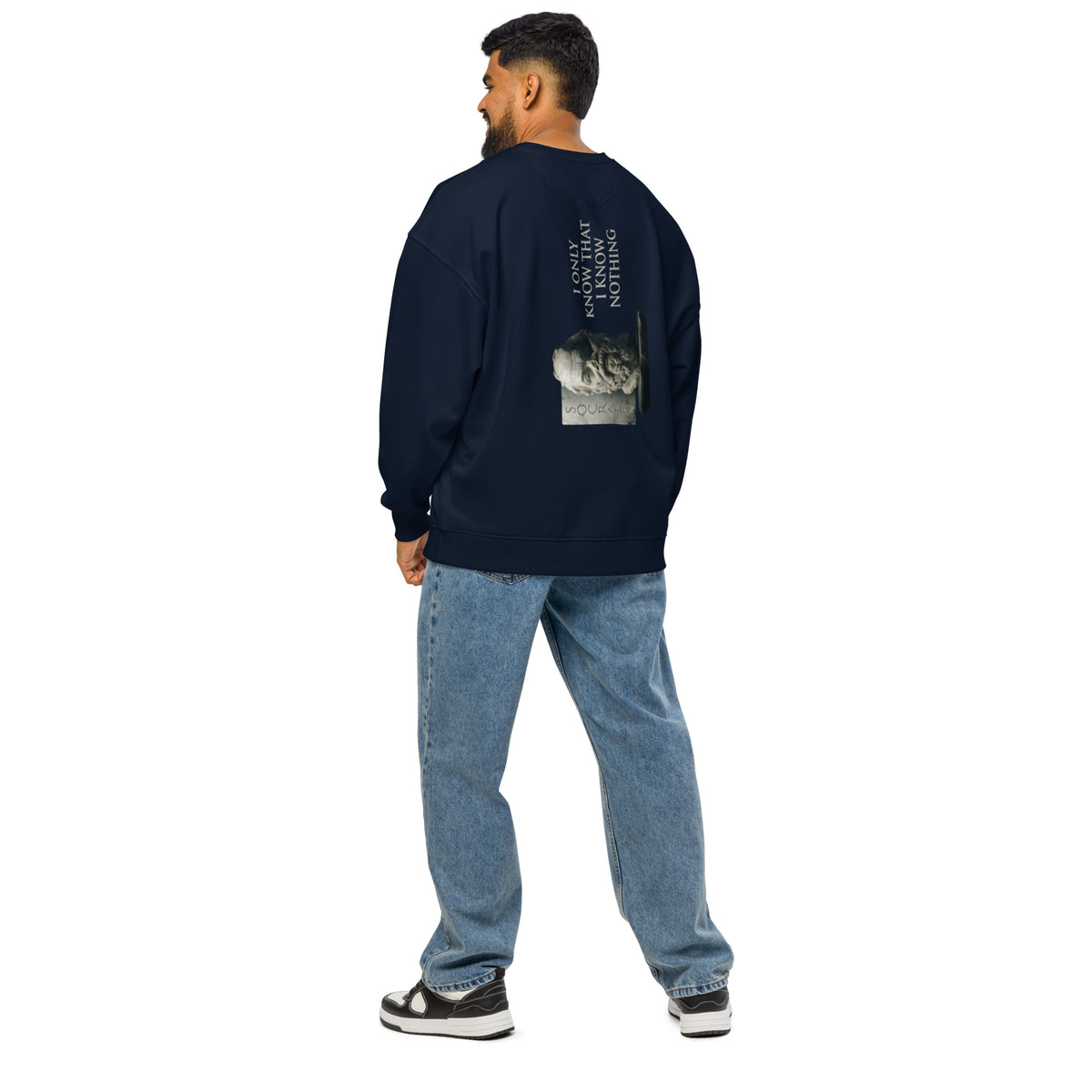 Socrates 'I know nothing' oversized sweatshirt, French Navy, back view — Earthwear Studio