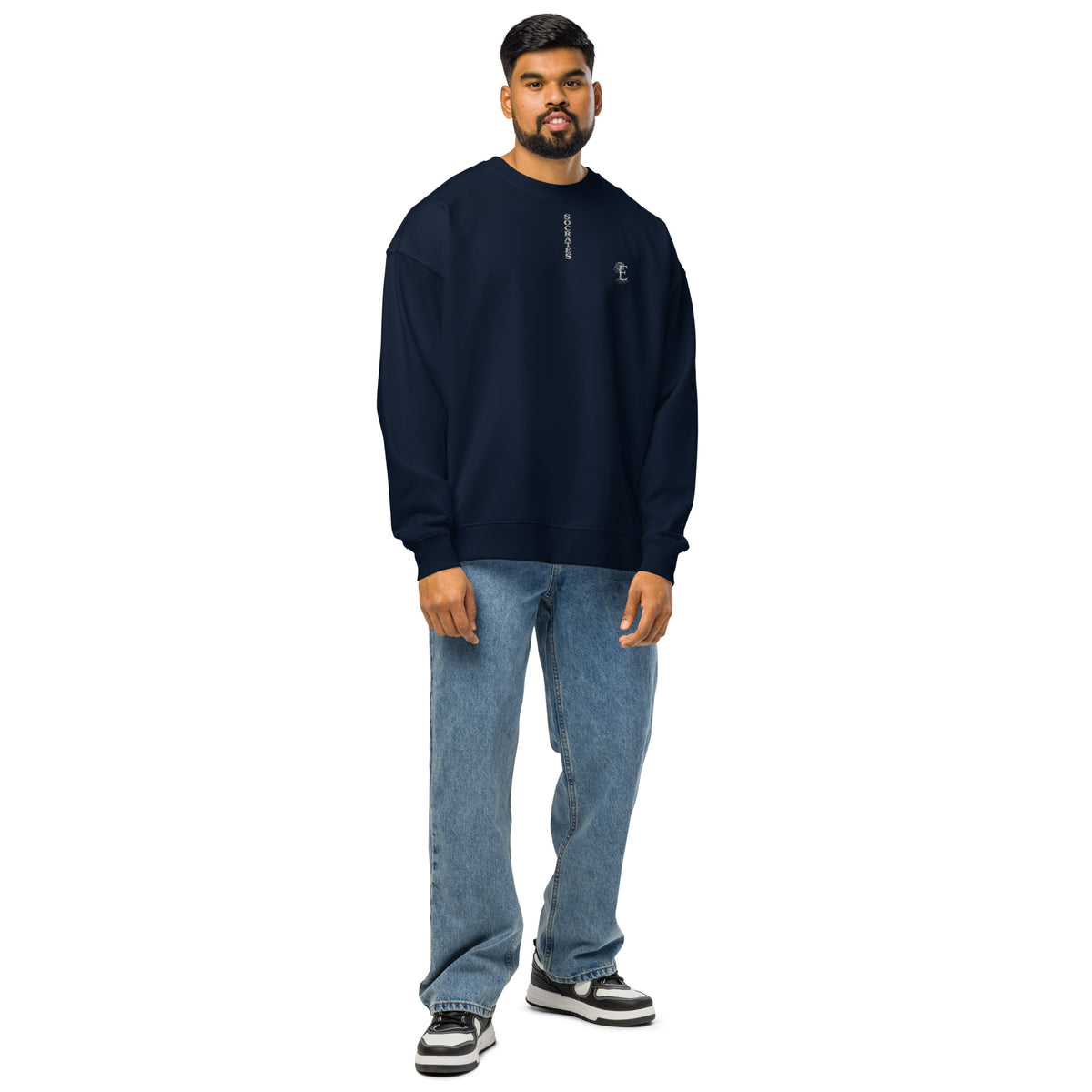 Socrates 'I know nothing' oversized sweatshirt, French Navy, front view — Earthwear Studio