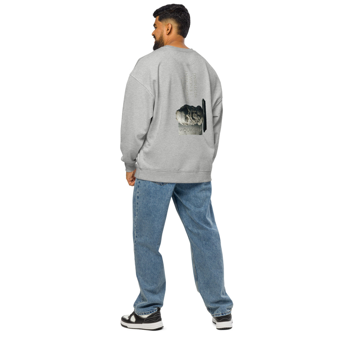 Socrates 'I know nothing' oversized sweatshirt, Heather Grey, back view — Earthwear Studio