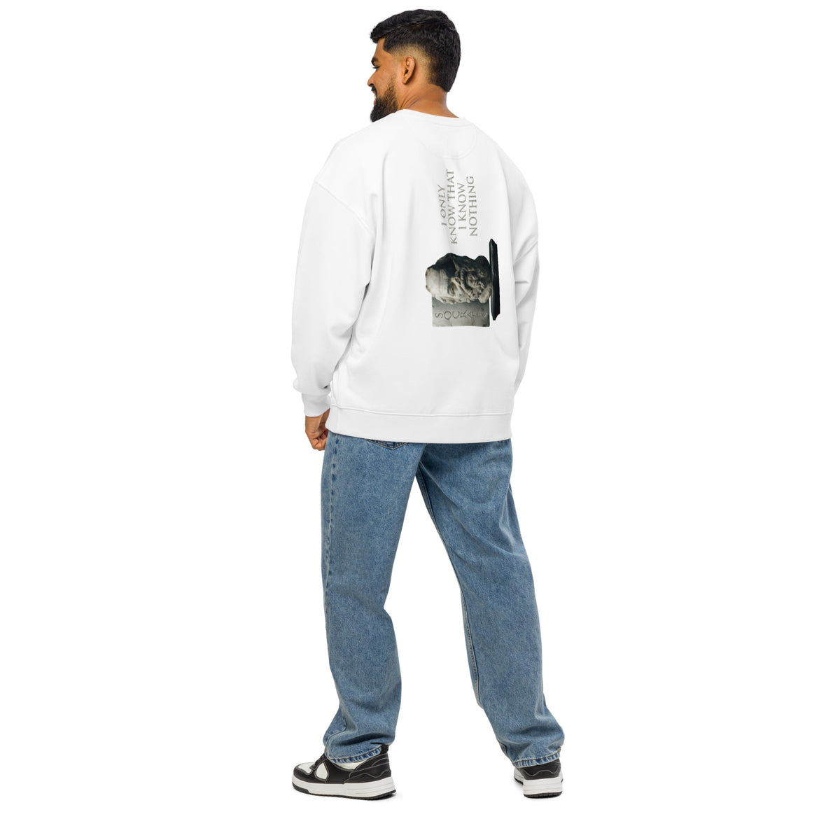 Socrates 'I know nothing' oversized sweatshirt, White, back view — Earthwear Studio