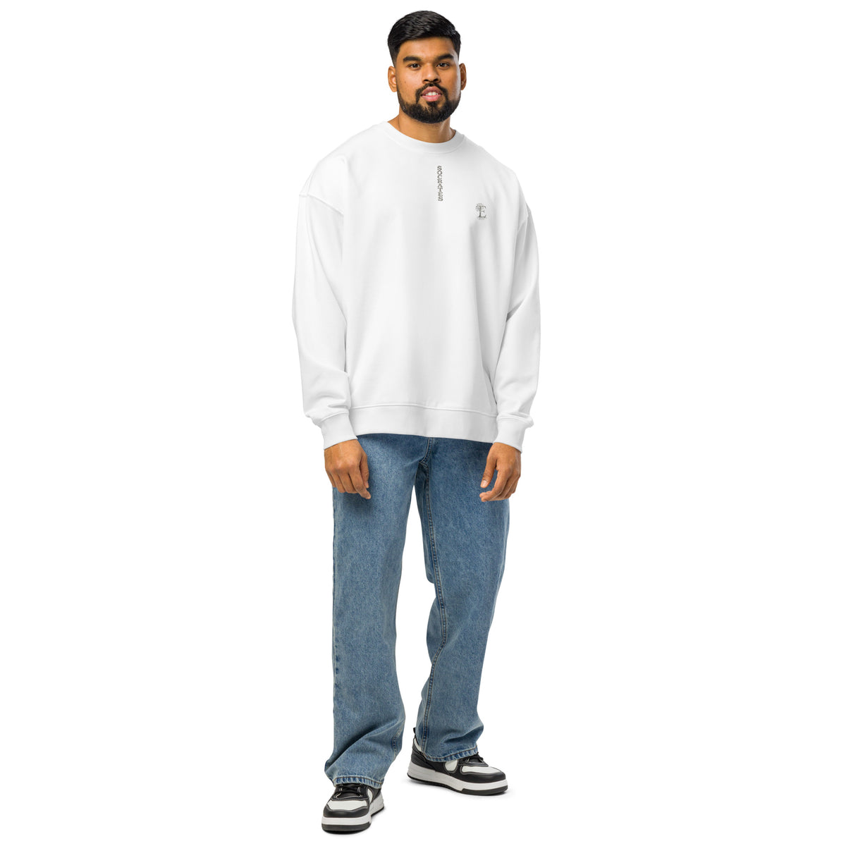 Socrates 'I know nothing' oversized sweatshirt, White, front view — Earthwear Studio