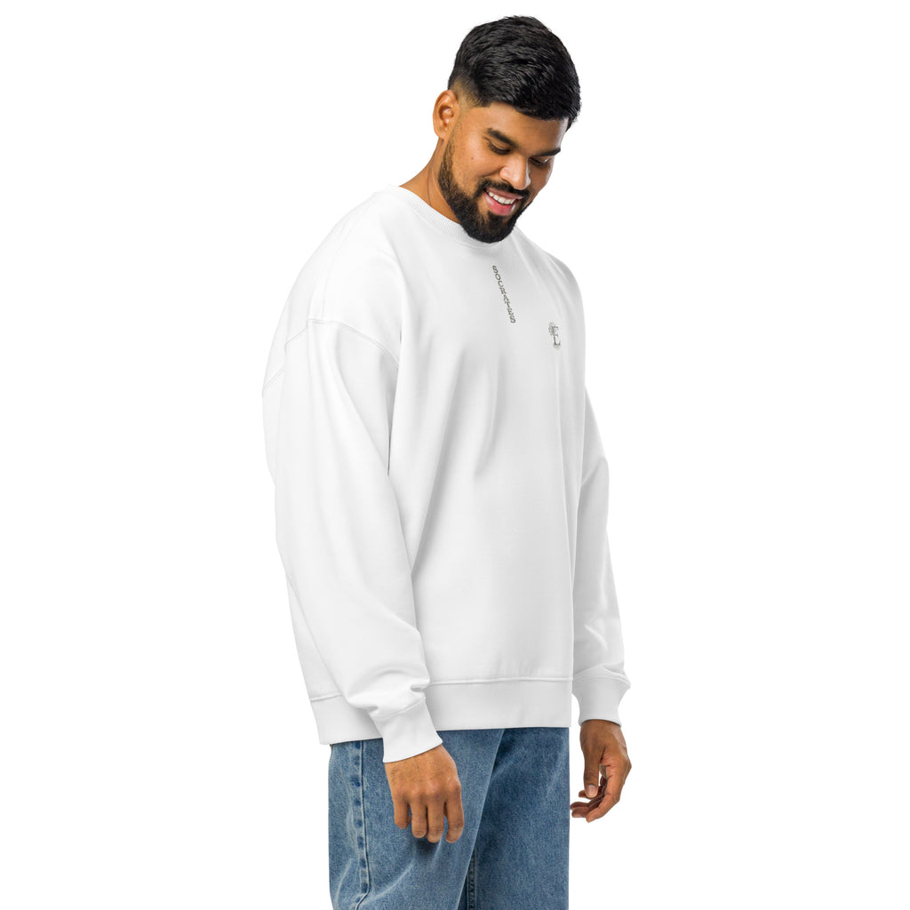 Socrates 'I know nothing' oversized sweatshirt, White, right front view — Earthwear Studio