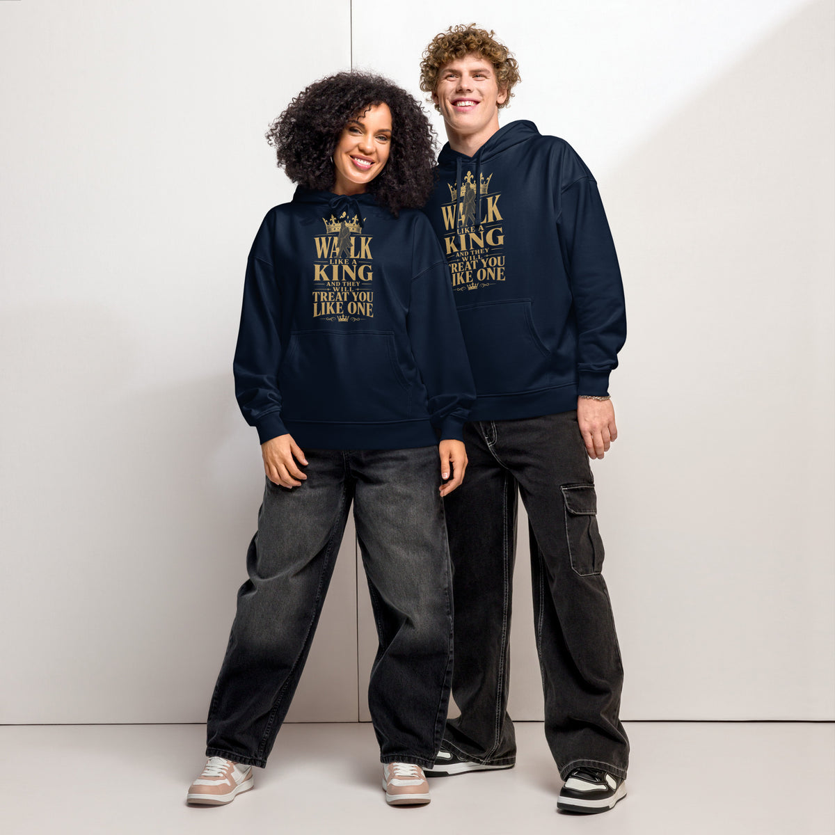 Walk Like a King relaxed organic hoodie, French Navy, front view — Earthwear Studio
