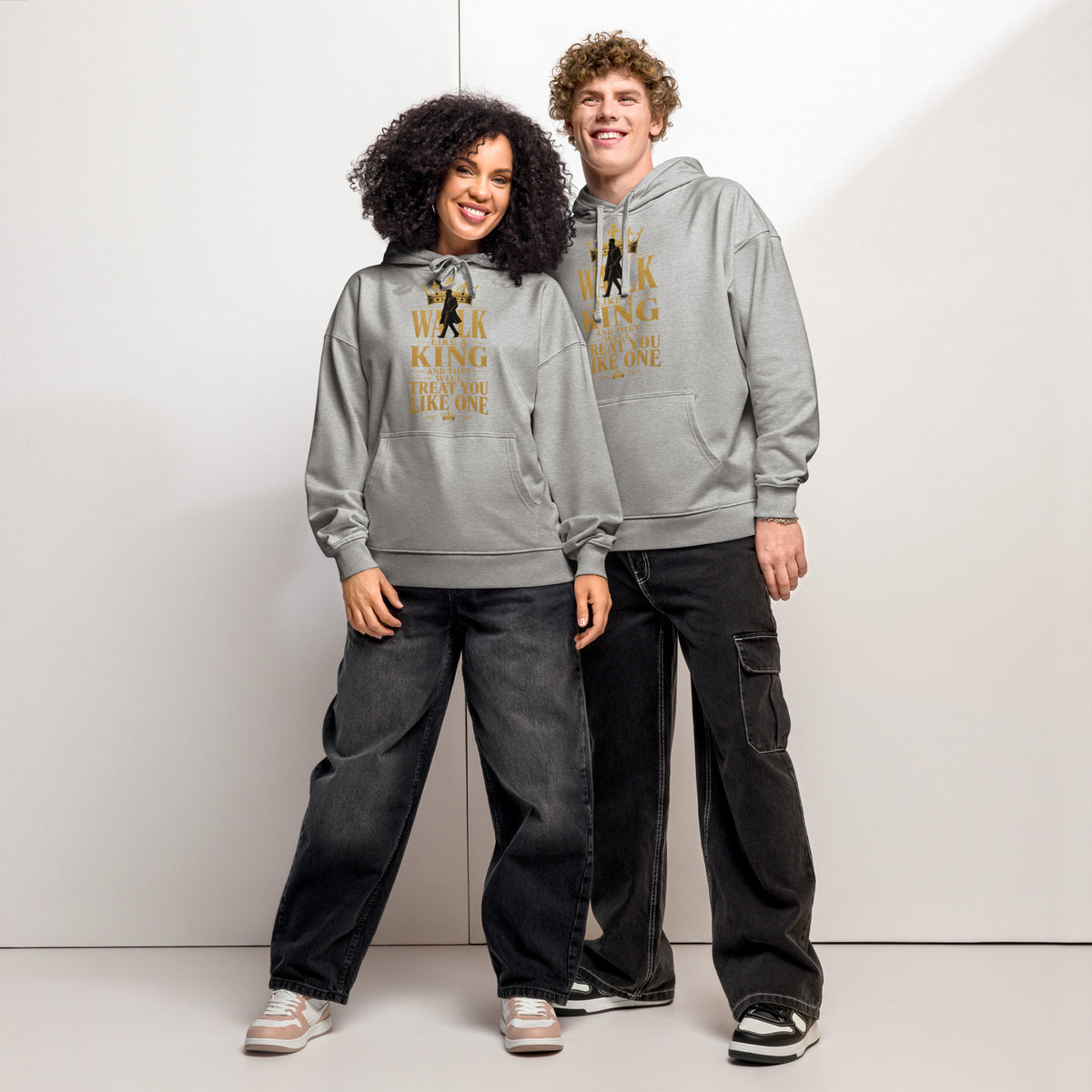 Walk Like a King relaxed organic hoodie, Heather Grey, front view — Earthwear Studio