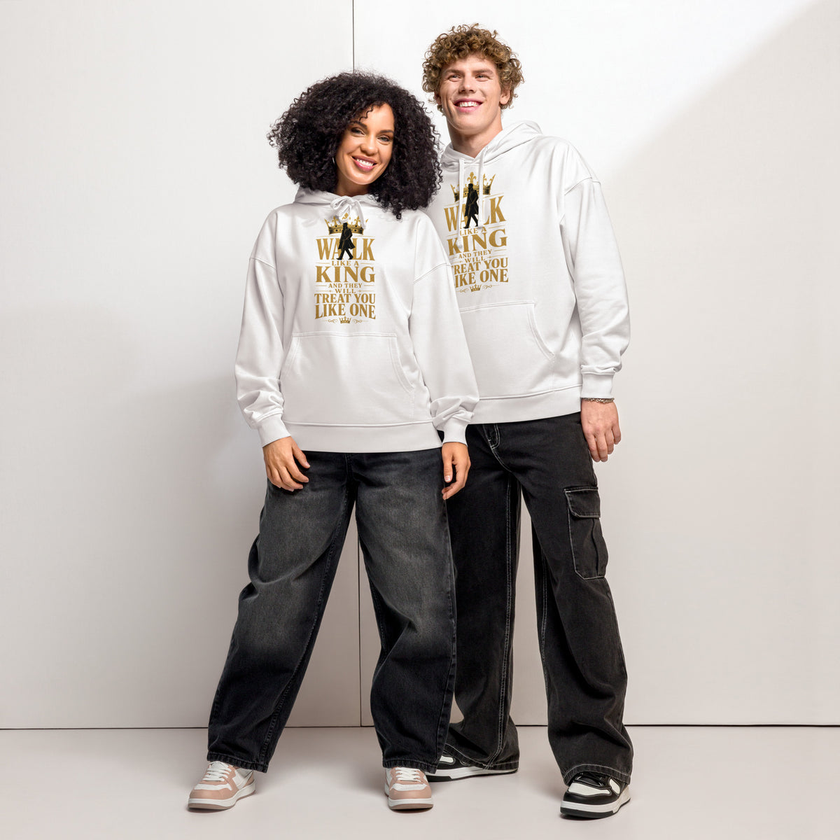 Walk Like a King relaxed organic hoodie, White, front view — Earthwear Studio
