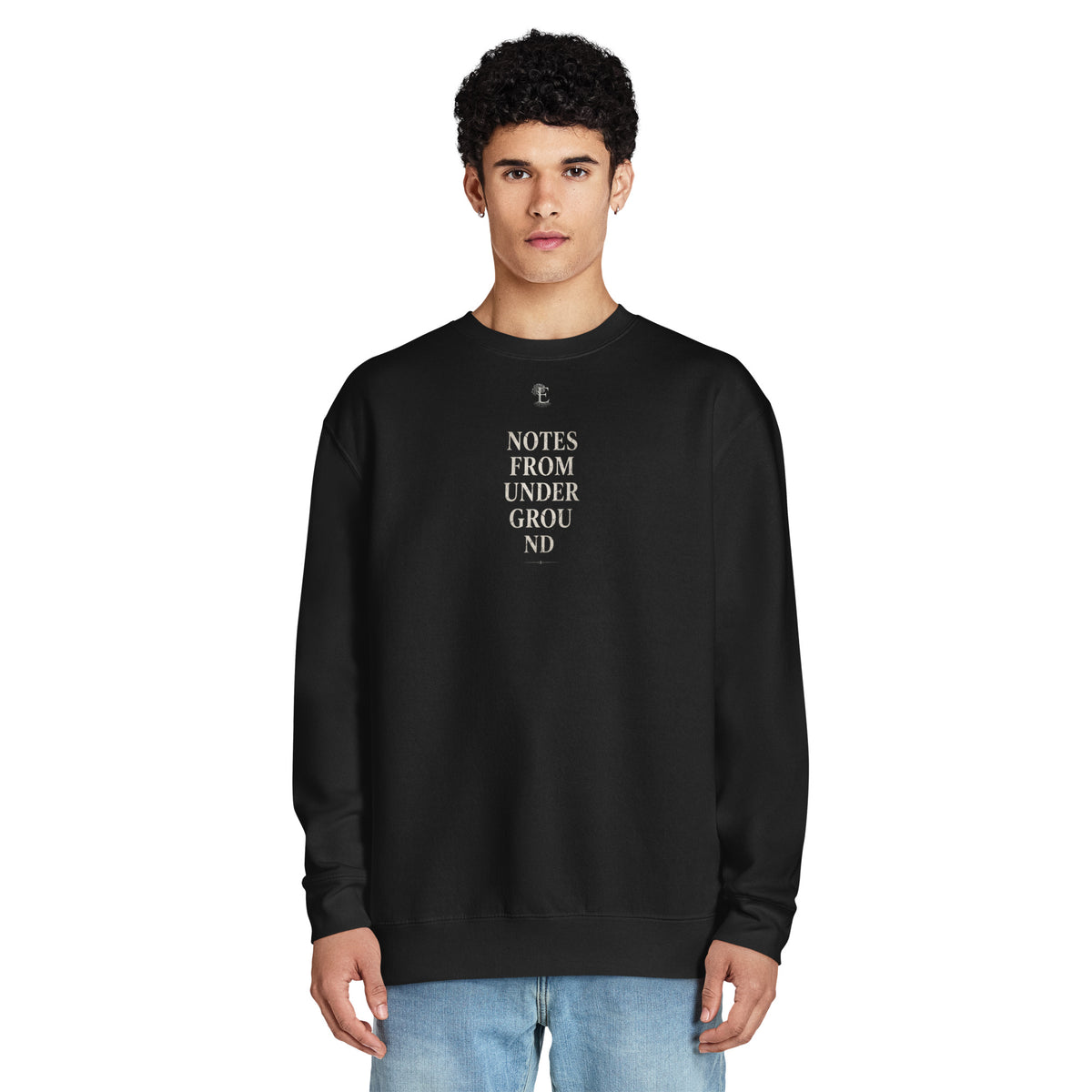 Dostoevsky 'Better to Be Unhappy' premium crew neck sweatshirt, Black, front view — Earthwear Studio