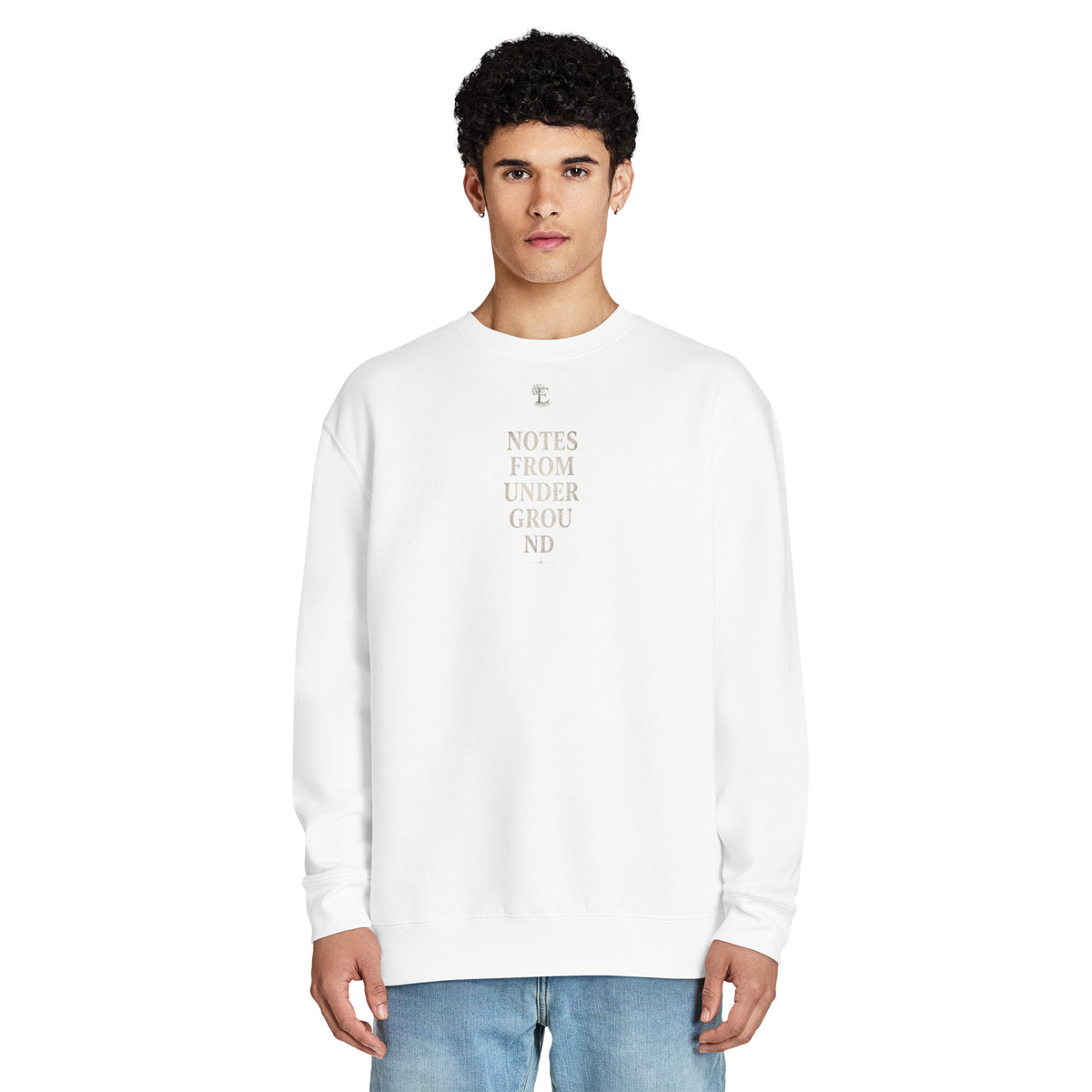 Dostoevsky 'Better to Be Unhappy' premium crew neck sweatshirt, White, front view — Earthwear Studio