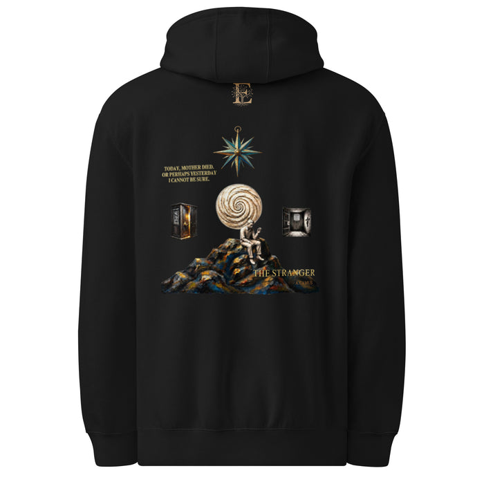 Camus The Stranger premium hoodie, Black, back view — Earthwear Studio