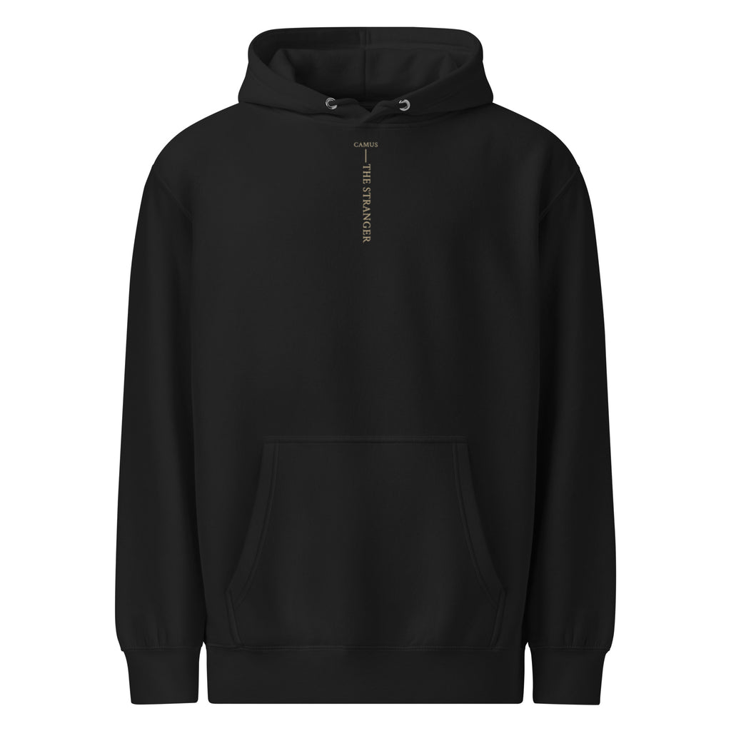 Camus The Stranger premium hoodie, Black, front view — Earthwear Studio