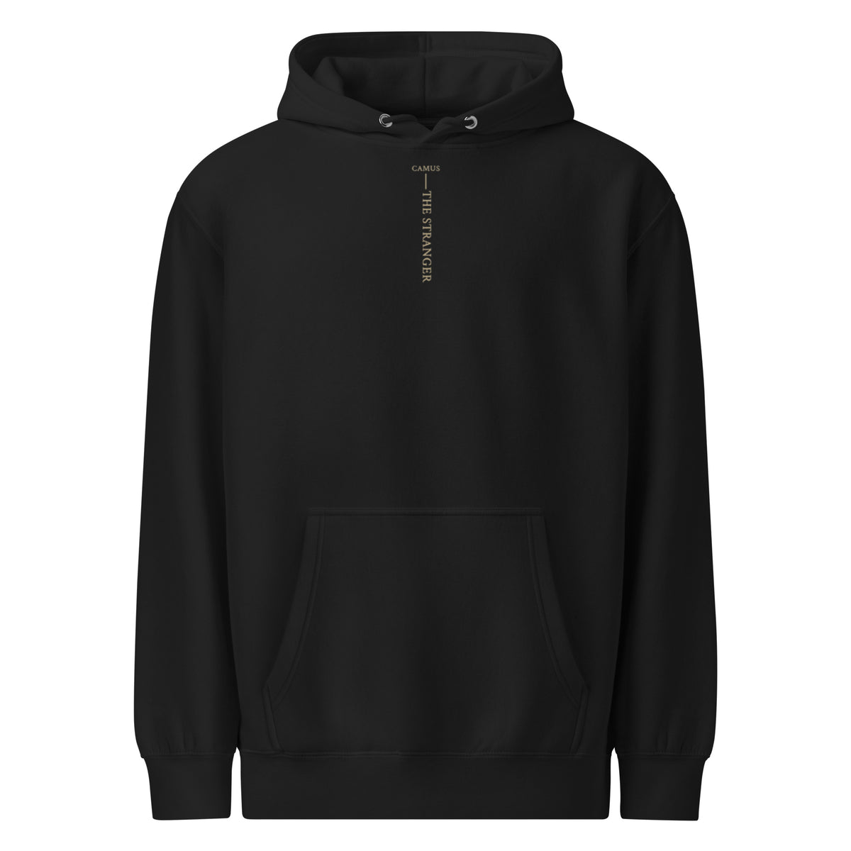 Camus The Stranger premium hoodie, Black, front view — Earthwear Studio