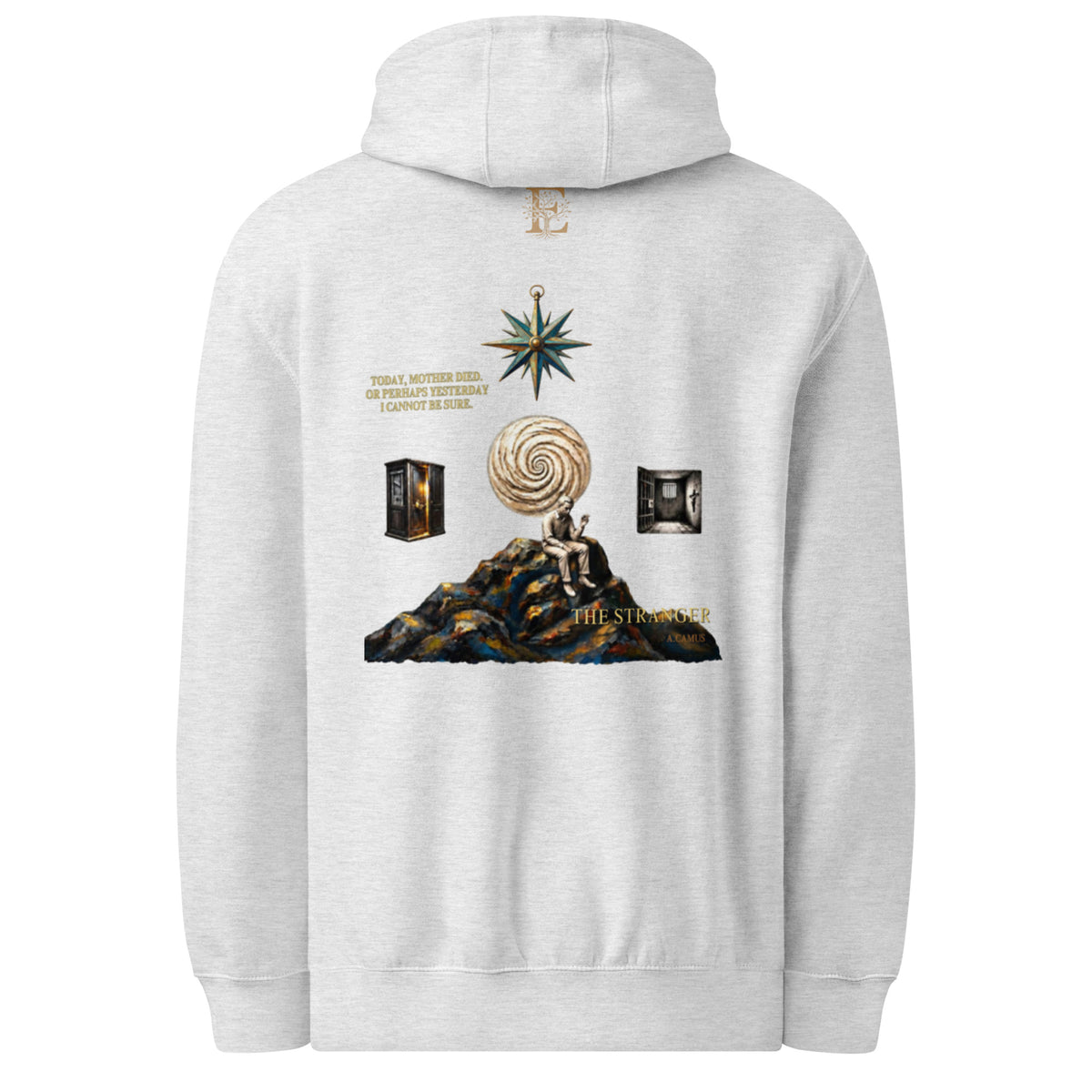 Camus The Stranger premium hoodie, Heather Grey, back view — Earthwear Studio