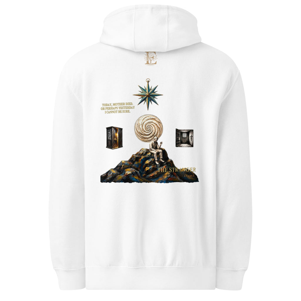 Camus The Stranger premium hoodie, White, back view — Earthwear Studio