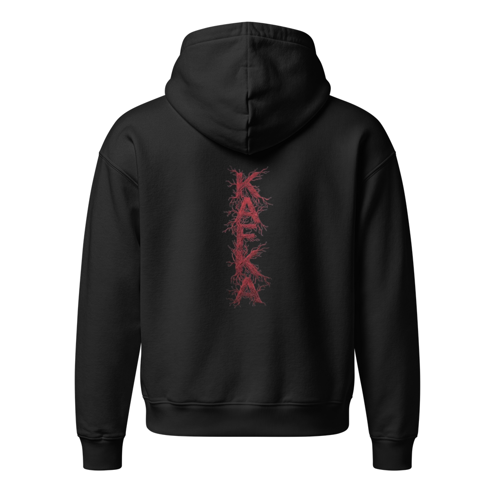 Kafkaesque relaxed hoodie by Earthwear Studio, red Kafka Metamorphosis illustration, view 2