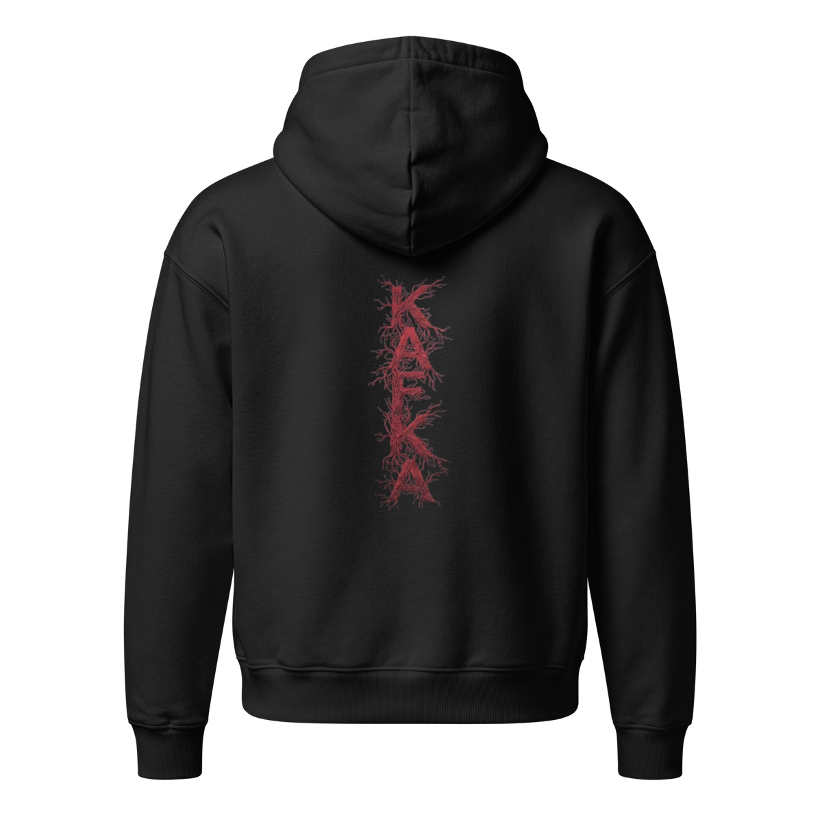 Kafkaesque relaxed hoodie by Earthwear Studio, red Kafka Metamorphosis illustration, view 2