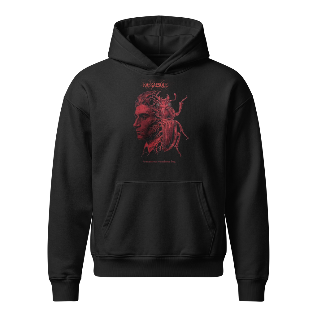 Black Kafkaesque relaxed hoodie by Earthwear Studio with a red illustration of a man fused with a monstrous verminous bug, front view