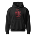 Black Kafkaesque relaxed hoodie by Earthwear Studio with a red illustration of a man fused with a monstrous verminous bug, front view