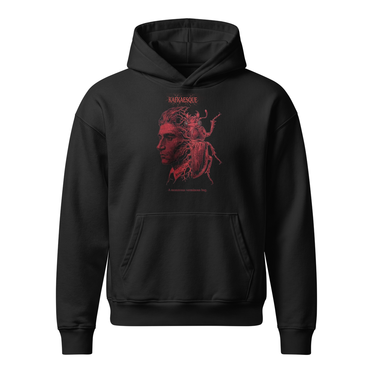 Black Kafkaesque relaxed hoodie by Earthwear Studio with a red illustration of a man fused with a monstrous verminous bug, front view