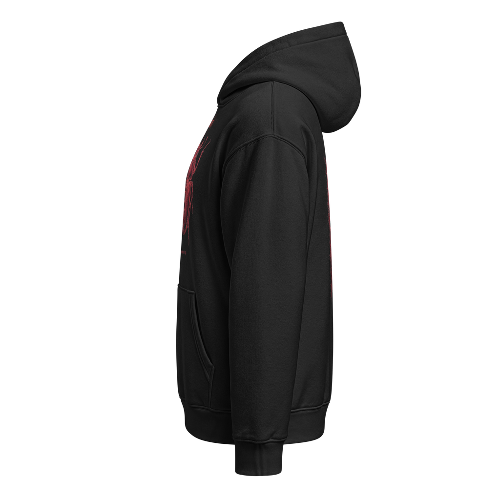 Kafkaesque relaxed hoodie by Earthwear Studio, red Kafka Metamorphosis illustration, view 3