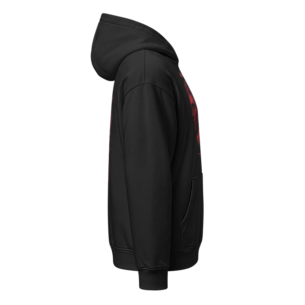 Kafkaesque relaxed hoodie by Earthwear Studio, red Kafka Metamorphosis illustration, view 4