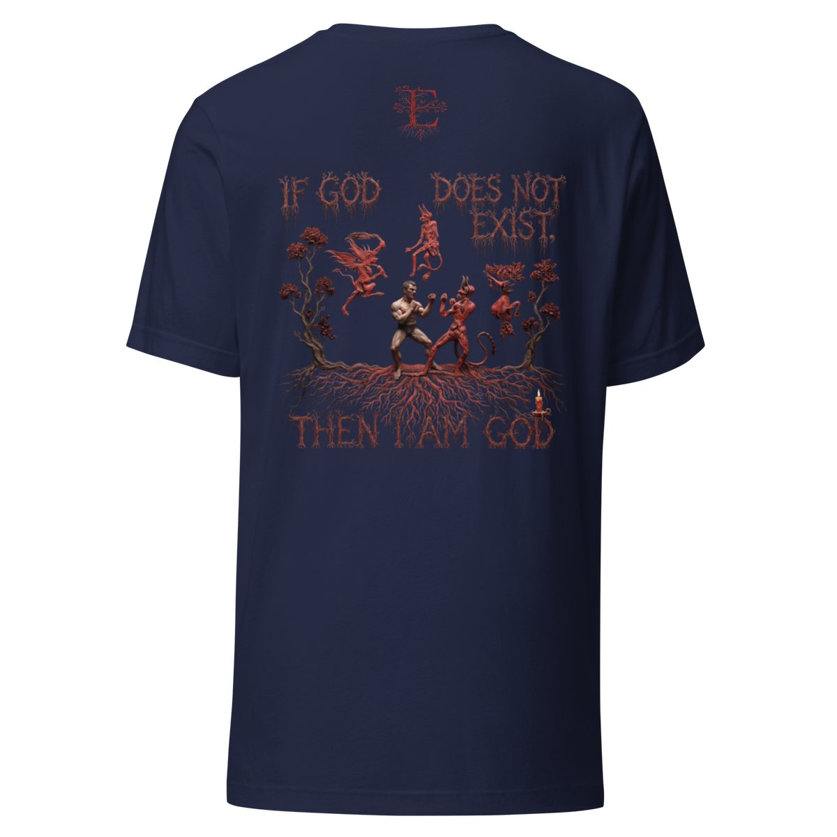 Dostoevsky Demons 'If God does not exist, then I am God' navy t-shirt, back print